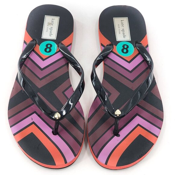 KATE SPADE Manette Black Multi Striped Flip Flops Womens Thong Sandal - Picture 1 of 5